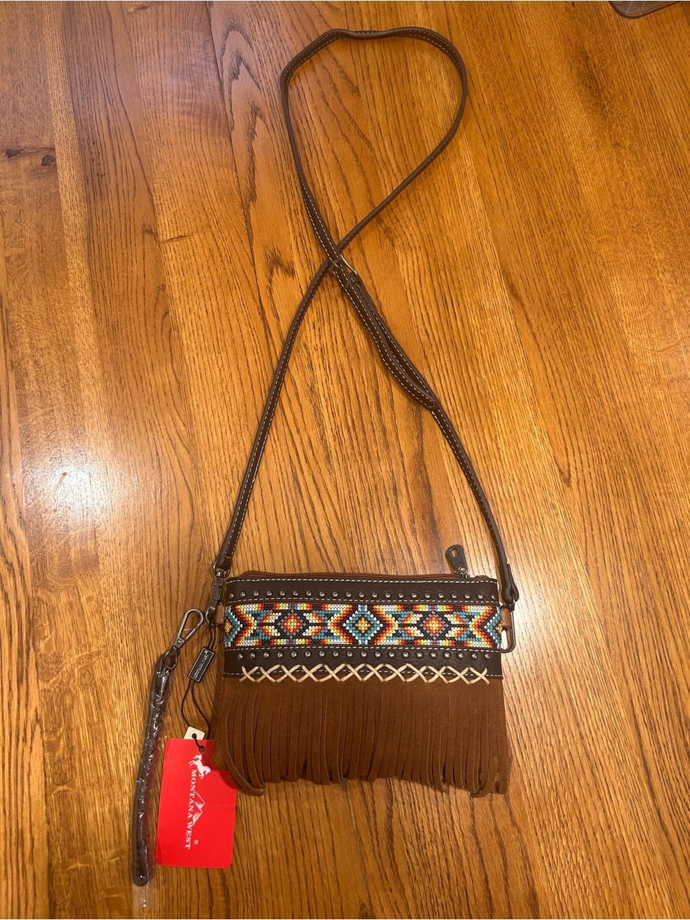 Montana West Tan Brown Fringe adjustable Crossbody with Multicolor Accent
